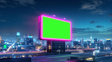 Billboard with green screen on the road in the city at nightの素材