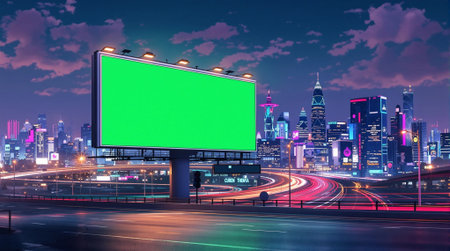 Blank billboard on the road with cityscape background at night.の素材