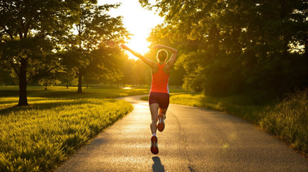 Runner athlete running on road at beautiful summer park. Woman fitness jogging workout wellness concept.の素材
