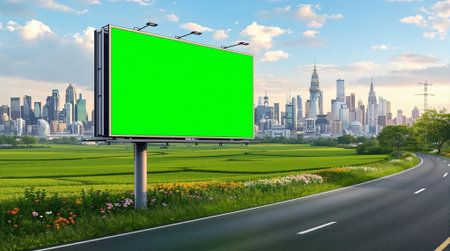 Billboard with blank green screen on the road and cityscape background at sunsetの素材