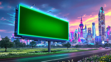 Blank green billboard on the road with cityscape background at nightの素材
