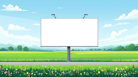 Blank billboard on the road with grass and flowers. Vector illustration.の素材