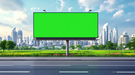 Blank green billboard on road with cityscape background. Street advertising poster mock up. Front view. 3d rendering.の素材