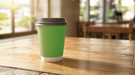 Coffee cup on wooden table in cafe. Mockup for designの素材