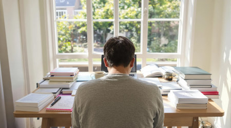 Rear view of young man sitting at desk and reading book at homeの素材