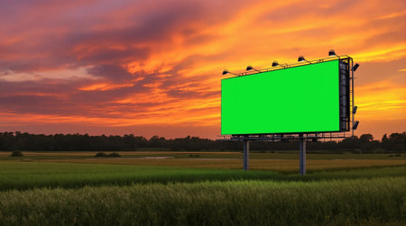 Blank green billboard on the field with sunset sky. 3d rendering.の素材