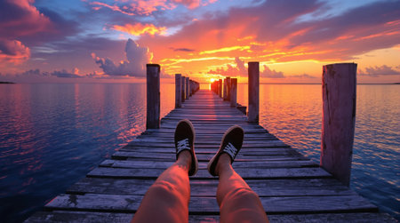 Selfie of woman legs on a wooden jetty during sunset.の素材
