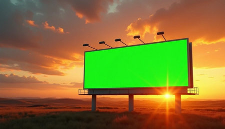 Blank green billboard on the road at sunset. 3d renderingの素材