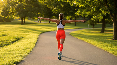 Athletic young woman doing stretching exercise in the park.の素材