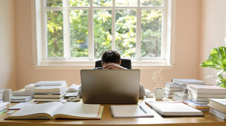 Young man working at home with laptop and books on the table.の素材