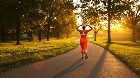 Athletic young woman running in the park at sunrise.の素材