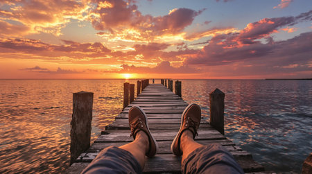 Feet on a wooden jetty at sunset, Florida, USAの素材