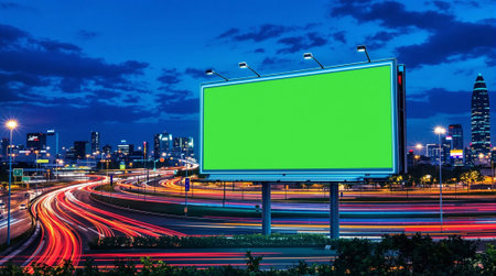 Blank billboard on highway with light trails and cityscape background.の素材