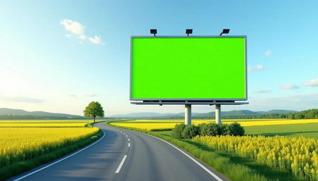 billboard on the road in the field. 3d rendering.の素材
