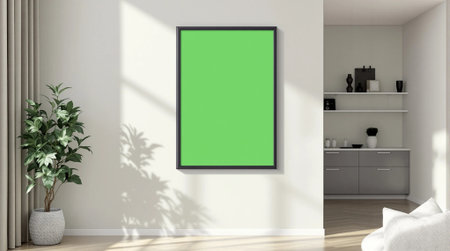 Interior of modern living room with white walls, wooden floor, white sofa and green mock up poster. 3d renderingの素材