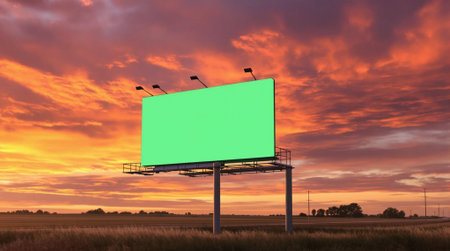 Blank green billboard at sunset, 3d rendering. Computer digital drawing.の素材
