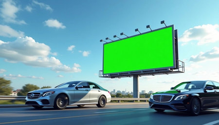 Blank green billboard on the road with cars and blue sky backgroundの素材