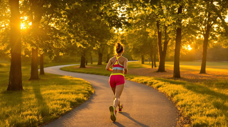 Young woman running in the park at sunset. Healthy lifestyle concept.の素材
