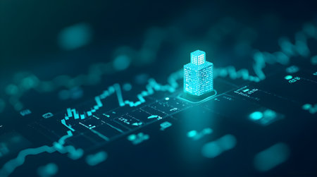 3d rendering of building hologram over blue background with binary codeの素材