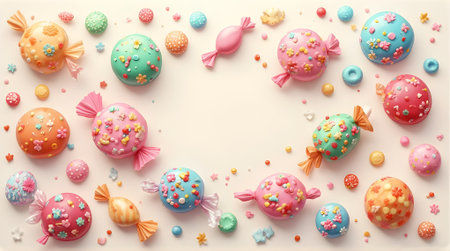 Colorful Easter eggs and candies on white background, top viewの素材