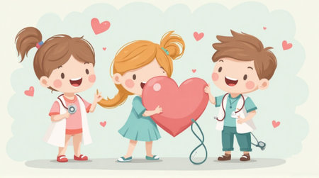 Cute cartoon kids with stethoscope and heart. Vector illustrationの素材