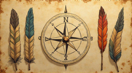 Vintage compass and feathers on old paper background. Vector illustration.の素材