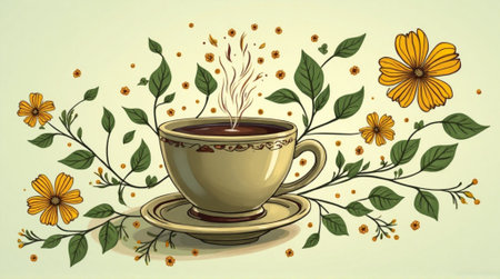 Cup of coffee with flowers and leaves on a beige backgroundの素材