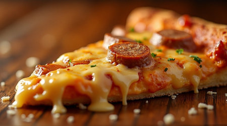 Pizza with sausages and cheese on a wooden table.の素材