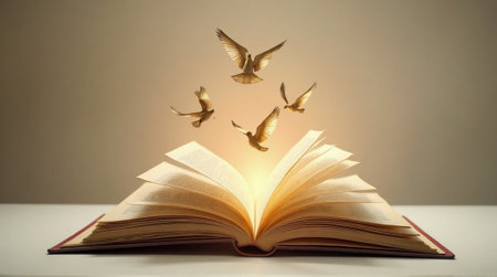 Open book with flying birds on a light background. Education concept.の素材