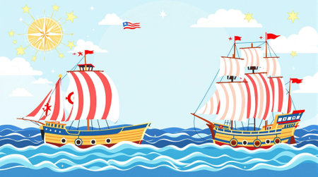 Sailing ships on the background of the sea. Vector illustration.の素材