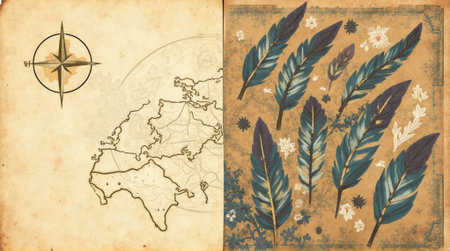 Antique map of the world with feathers, compass and flowers.の素材