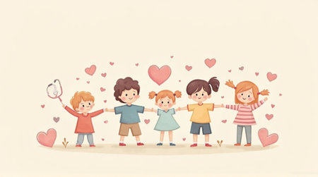 Illustration of a group of kids holding hands with hearts around themの素材
