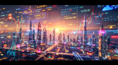 Futuristic city at night with digital charts. 3d renderingの素材