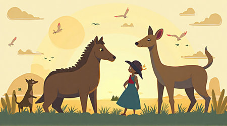 Vector illustration of a little girl with a donkey and a donkey.の素材