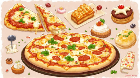 Illustration of pizza with mozzarella cheese, tomato sauce, mushrooms and mozzarella cheeseの素材