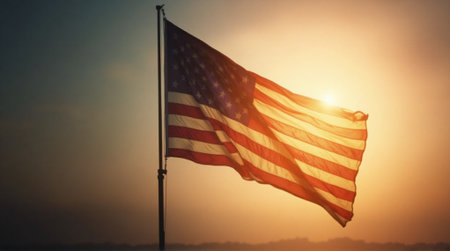 American flag on a background of the setting sun. The concept of freedom and patriotism.の素材