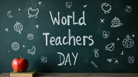 World Teacher's Day written on a blackboard with a red appleの素材
