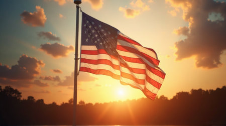 American flag waving in the wind on a background of the setting sunの素材