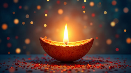 diwali diya with burning candle on bokeh backgroundの素材