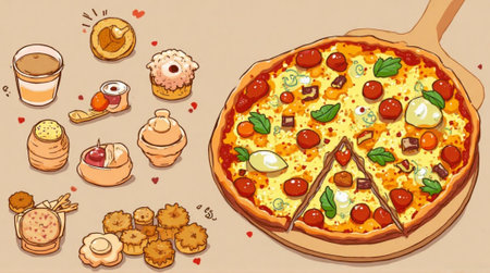 Vector illustration of pizza with different toppings. Hand drawn pizza with different toppings.の素材