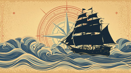 Vintage sailboat on the sea with compass. Vector illustration.の素材