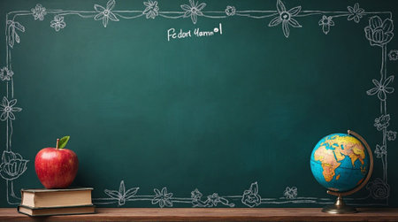 Back to school concept with globe, books and apple on chalkboardの素材