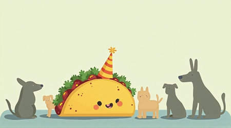 Illustration of a tortilla with a party hat and other animalsの素材