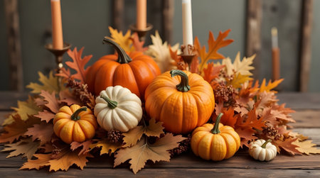 Autumn still life with pumpkins, leaves and candles on wooden backgroundの素材