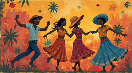 Illustration of a group of African dancers dancing on a grunge backgroundの素材