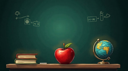 Back to school concept with apple, globe and books on chalkboardの素材