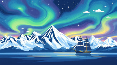 Mountain landscape with ship and starry sky. Vector illustration.の素材