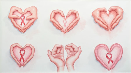 Set of hand-drawn pink ribbons in the shape of a heart on a white backgroundの素材