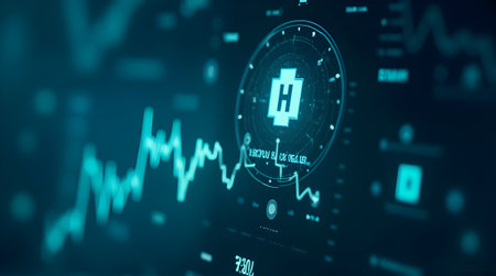 Cryptocurrency trading concept. 3d rendering toned image double exposureの素材