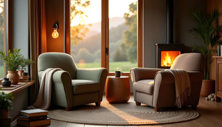 Two armchairs in a living room with a fireplace. 3d renderingの素材